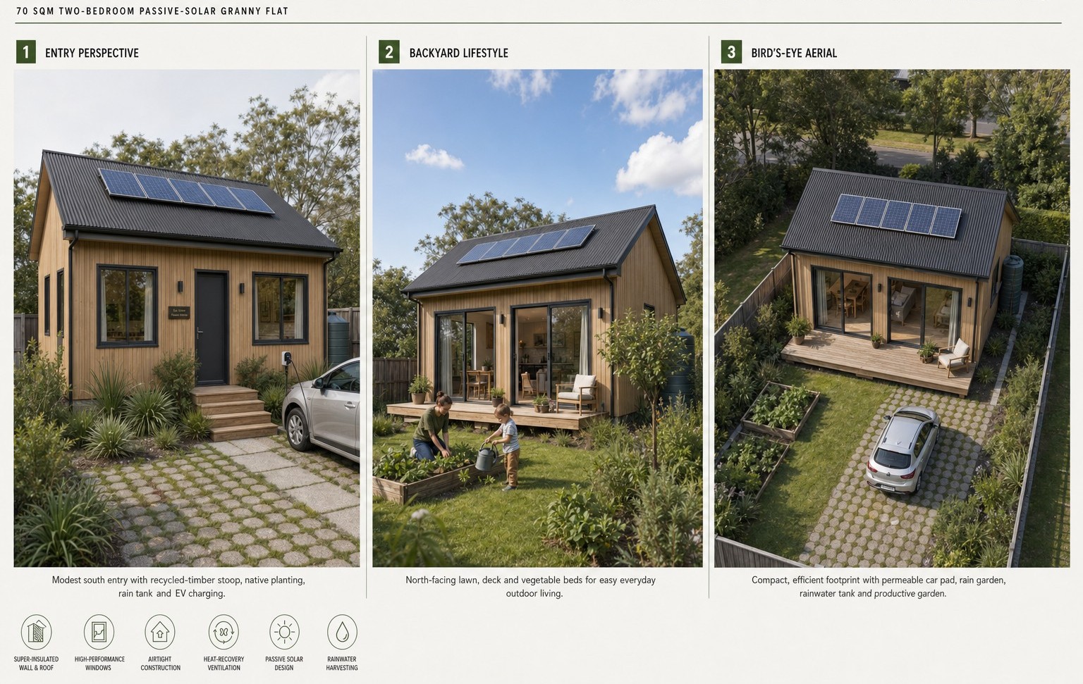 Entry, Backyard & Aerial granny flat design